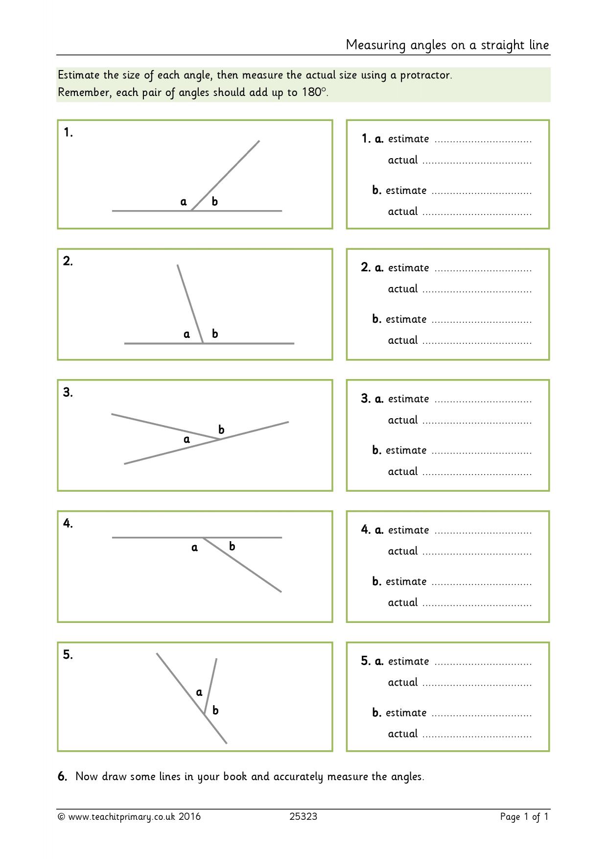 Measuring angles on a straight line  KS25 geometry  Teachit Regarding Measuring Angles Worksheet Pdf