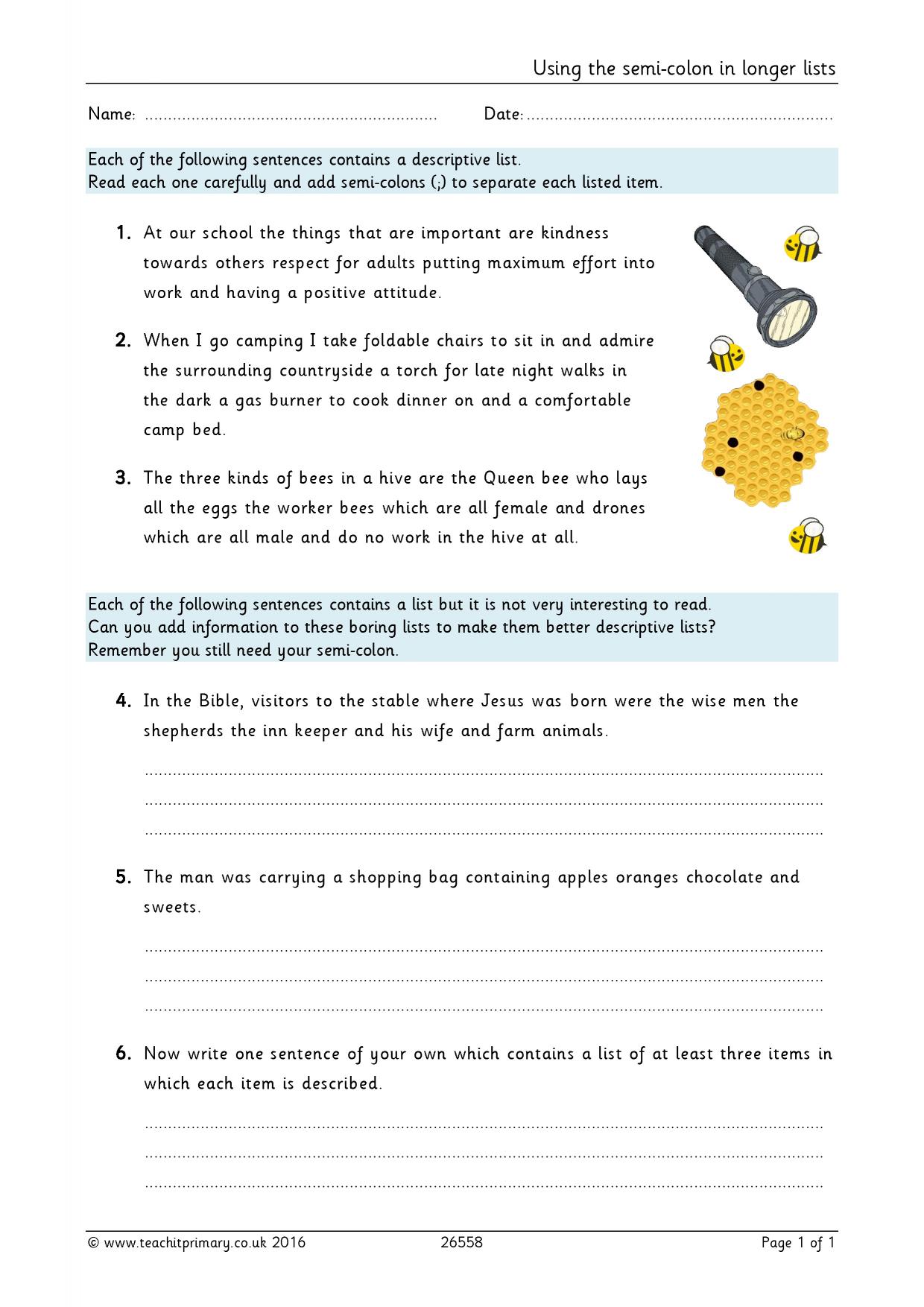 Using the semi-colon in longer lists Within Semicolons And Colons Worksheet