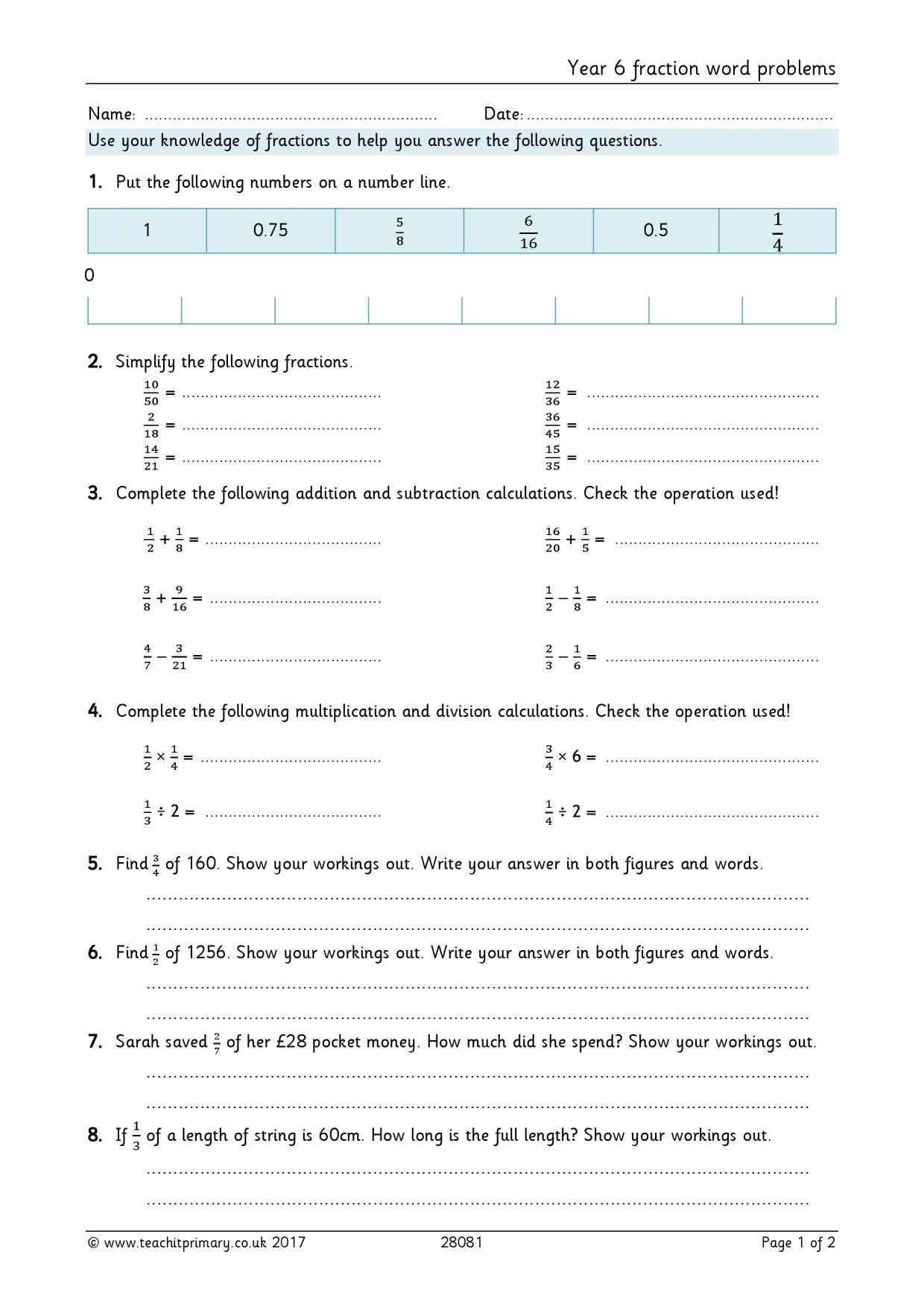 Year 25 fraction word problems With Multiplication Fraction Word Problems Worksheet