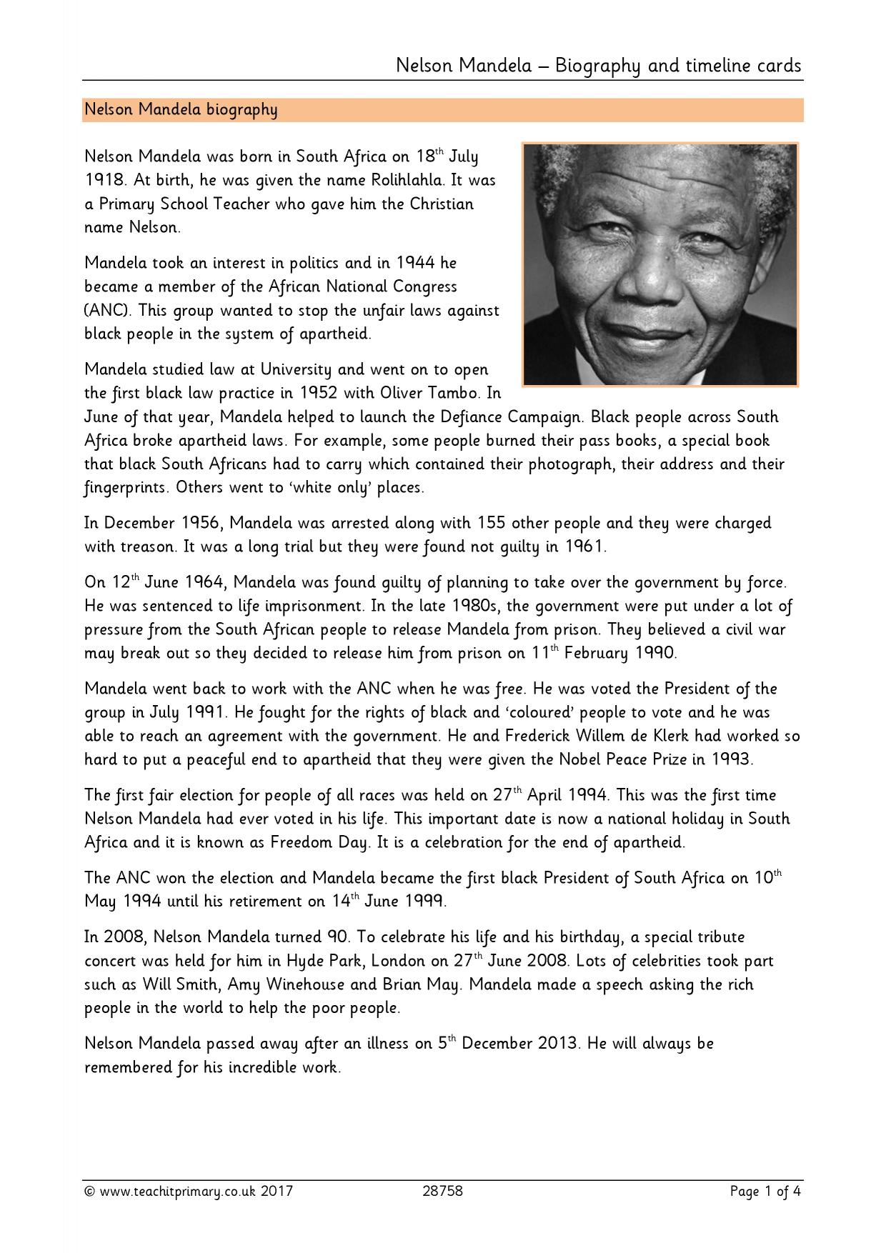 Nelson Mandela – Biography and timeline cards