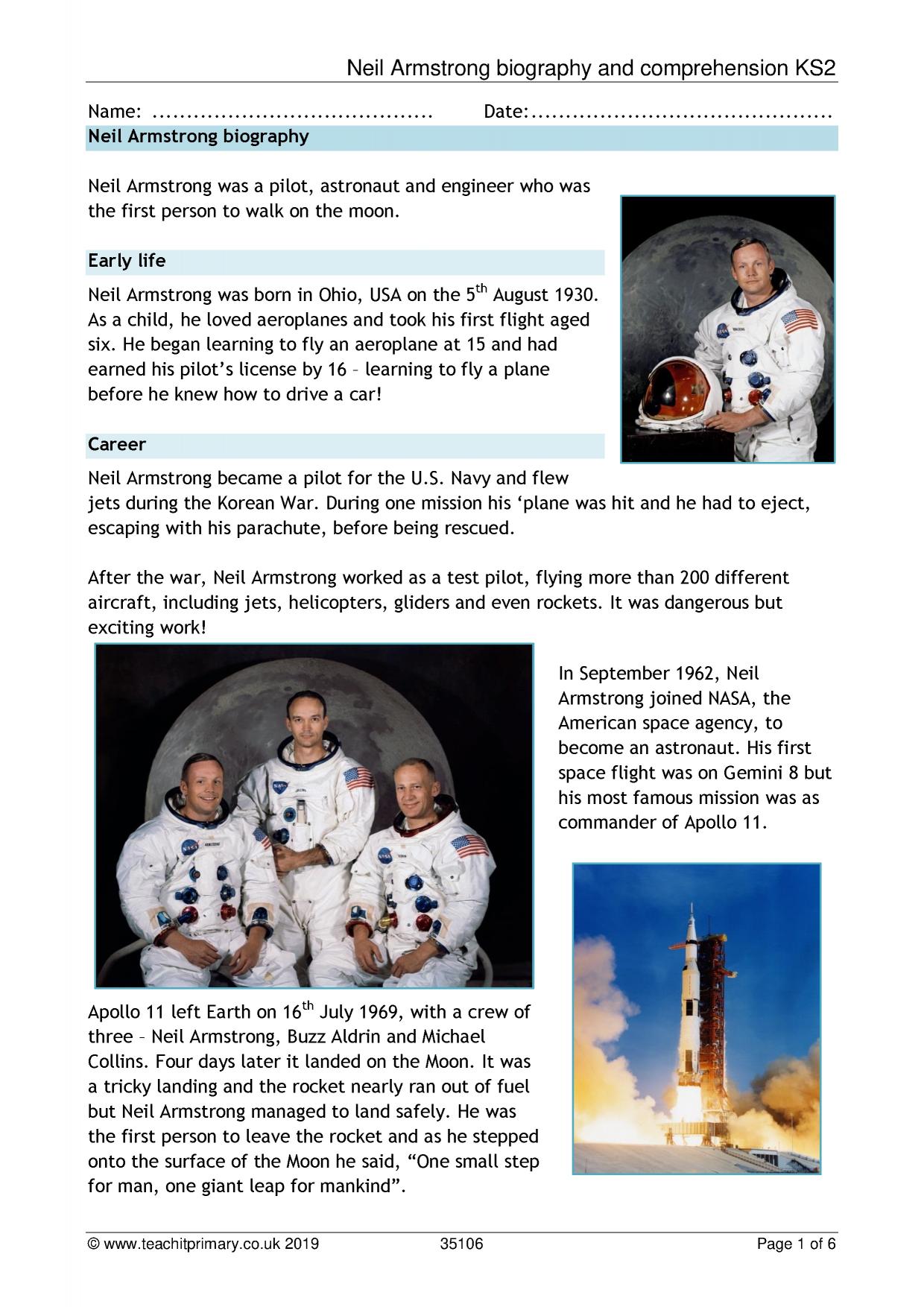 Neil Armstrong biography and comprehension KS255  KS255 Earth and